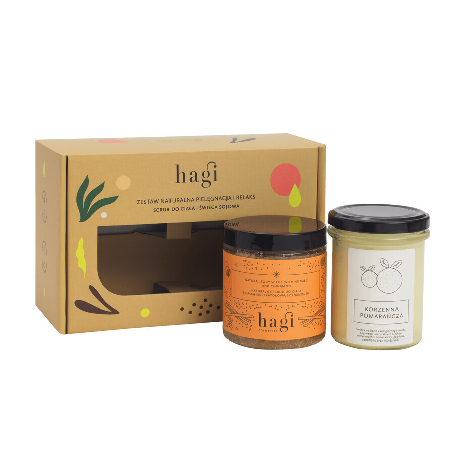 Hagi Warming Set, exfoliante corporal con nuez moscada y canela, 300 g + vela de soja, Spicy Orange, 215 ml