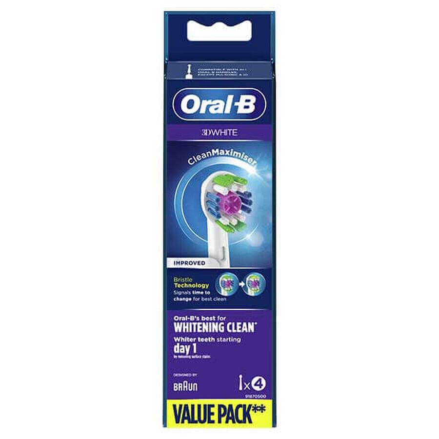 Oral-B 3D White, cabezales de recambio para cepillo eléctrico Clean Maximiser, EB4 3DW, 4 piezas