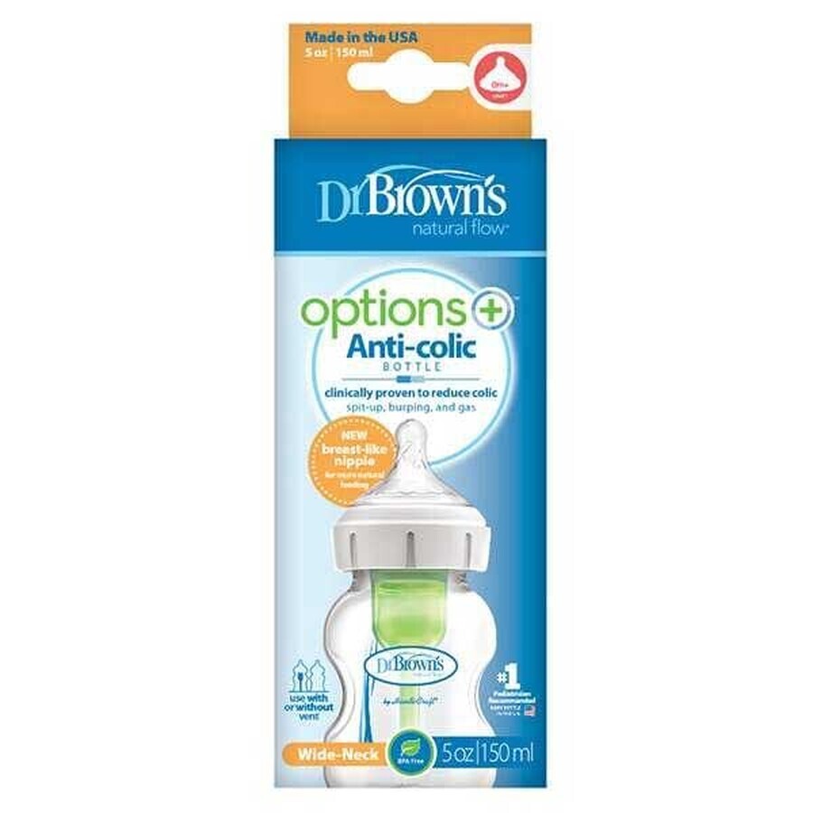 Dr Brown&#39;s Options+, biberón anticólicos, boca ancha, con tetina, nivel 1, 0-3 meses, 150 ml