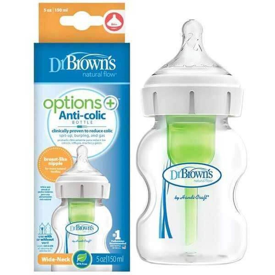 Dr Brown&#39;s Options+, biberón anticólicos, boca ancha, con tetina, nivel 1, 0-3 meses, 150 ml