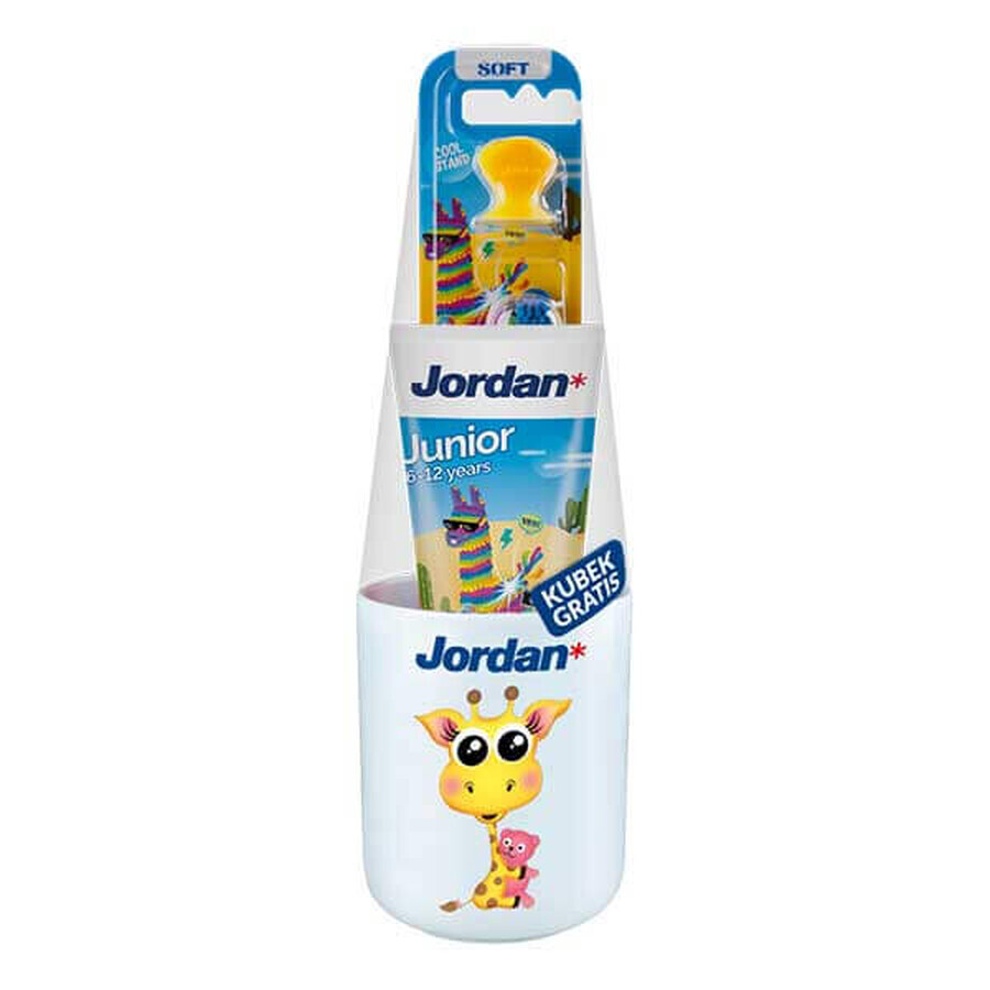 Set Jordan Junior, pasta de dientes, para niños, 6-12 años, 50 ml + cepillo de dientes, para niños, 6-9 años + vaso 1 pieza gratis