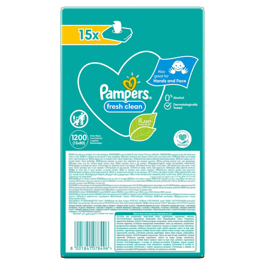 Pampers Fresh Clean, toallitas húmedas, 15 x 80 piezas