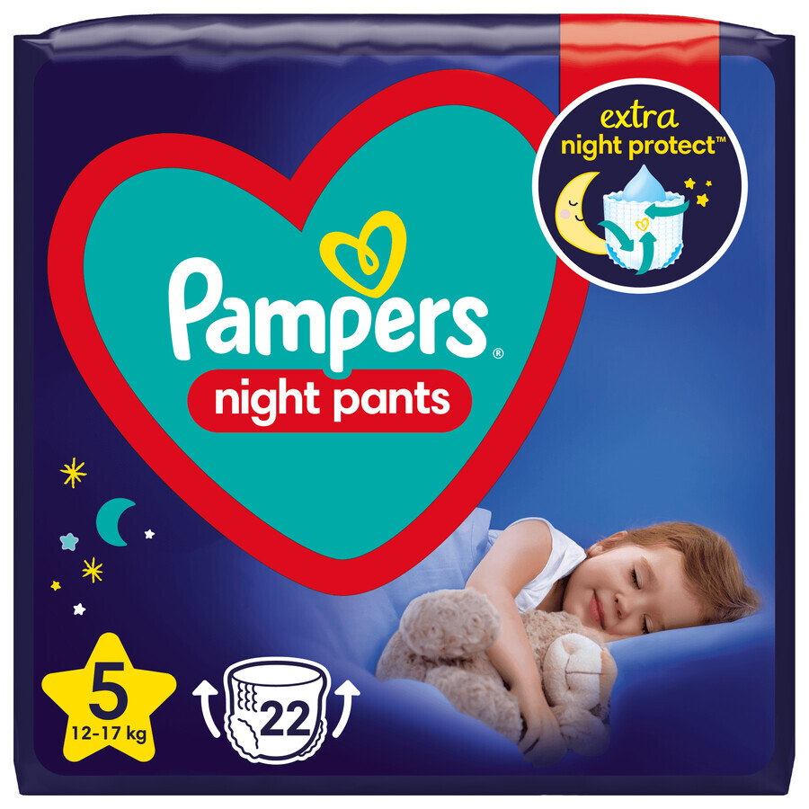 Pampers Night Pants, pantalones tipo pañal, talla 5, 12-17 kg, 22 piezas