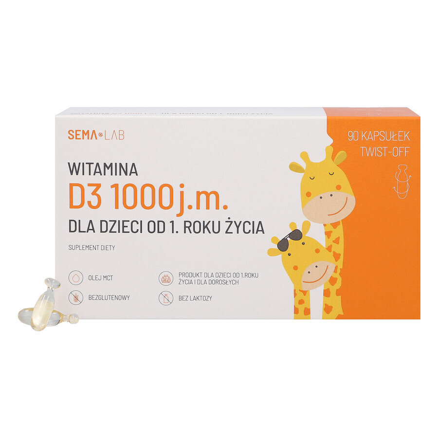 SEMA Lab Vitamina D 1000 UI para niños a partir de 1 año y adultos, 90 cápsulas twist-off