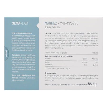 SEMA Lab Magnesio + Vitamina B6, 60 comprimidos recubiertos con película