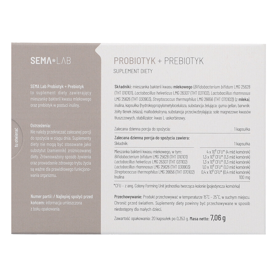 SEMA Lab Probiotico + Prebiotico, 20 capsule a rilascio ritardato