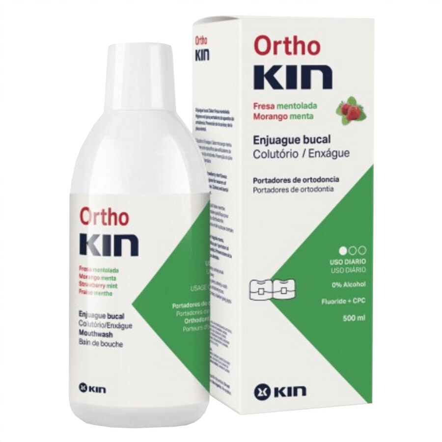 KIN Orthokin, enjuague bucal para personas con brackets de ortodoncia, sabor menta-fresa, 500 ml