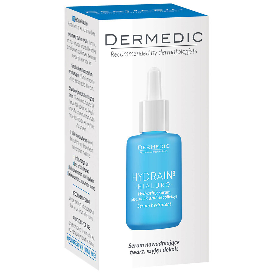 Dermedic Hydrain 3 Hialuro, suero hidratante para cara, cuello y escote, piel deshidratada y seca, 30 ml