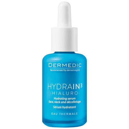 Dermedic Hydrain 3 Hialuro, suero hidratante para cara, cuello y escote, piel deshidratada y seca, 30 ml