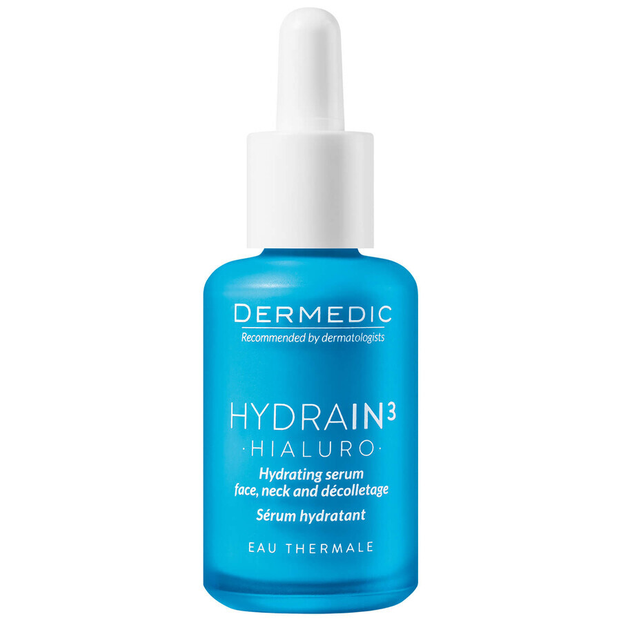 Dermedic Hydrain 3 Hialuro, suero hidratante para cara, cuello y escote, piel deshidratada y seca, 30 ml