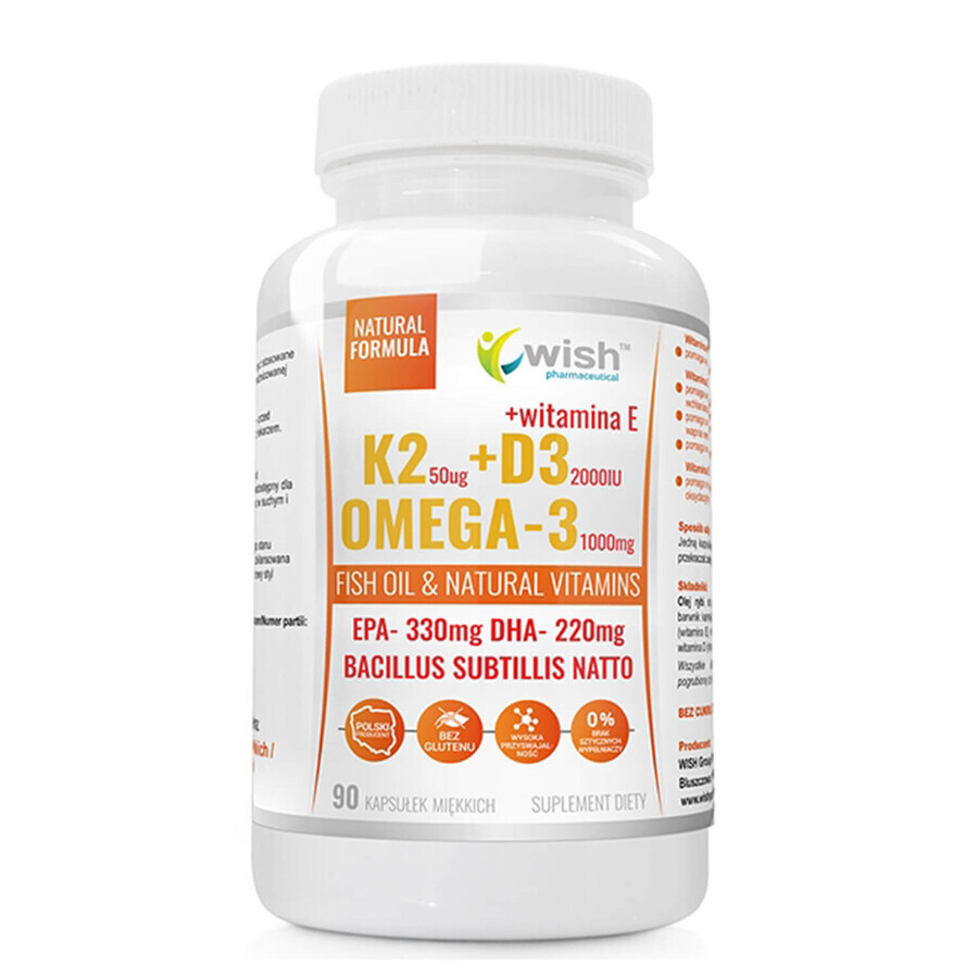 Wish K2 50 µg + D3 2000 IU + Omega-3 1000 mg + vitamin E, 90 soft capsules