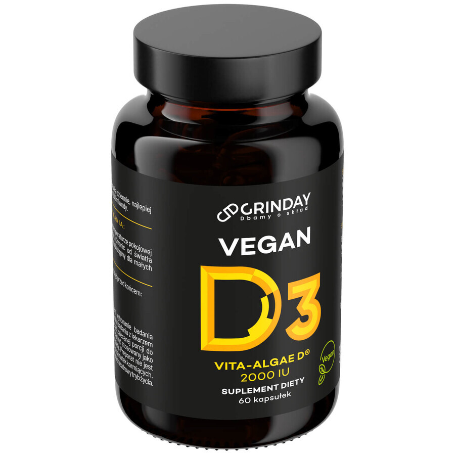 Grinday Vegan D3, vitamina D3 vegană 2000 UI, 60 capsule