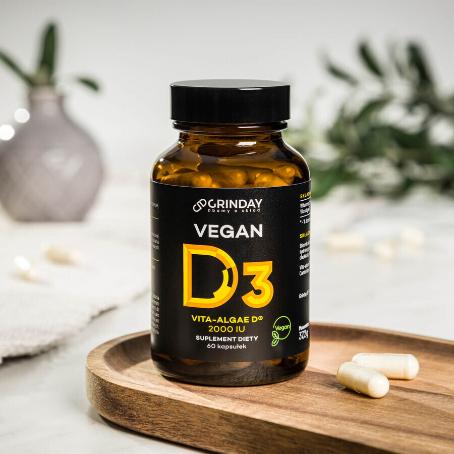 Grinday Vegan D3, vitamina D3 vegană 2000 UI, 60 capsule