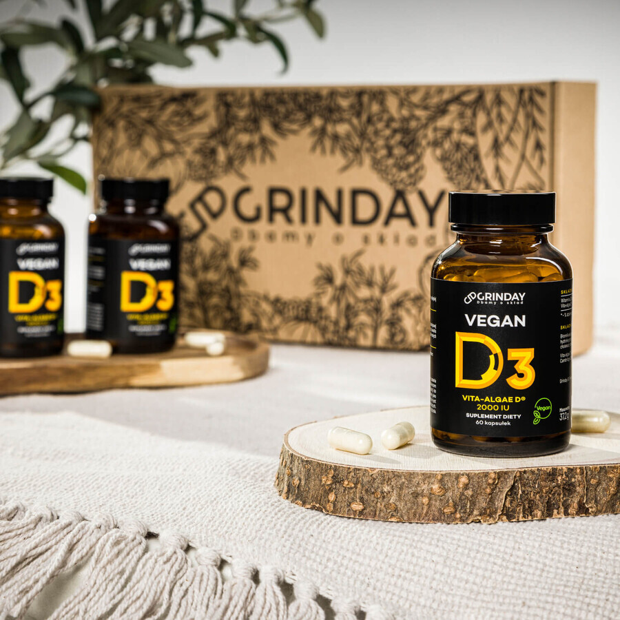 Grinday Vegan D3, vitamina D3 vegană 2000 UI, 60 capsule