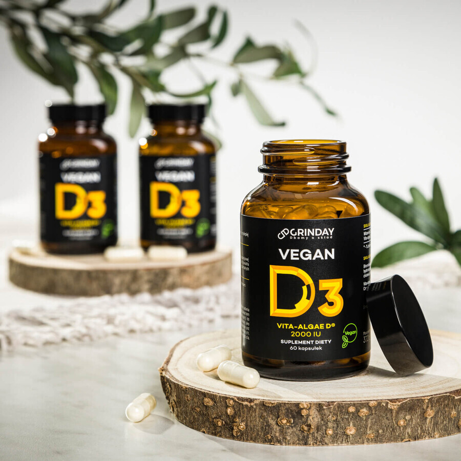 Grinday Vegan D3, vitamina D3 vegană 2000 UI, 60 capsule