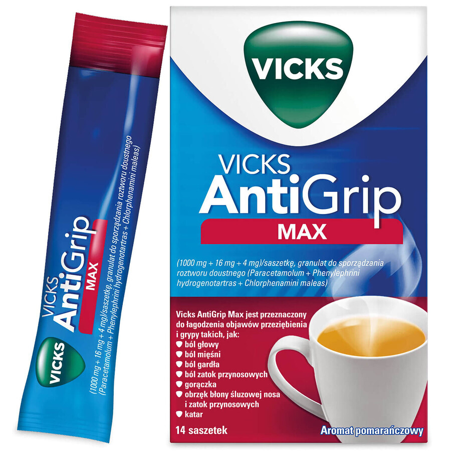 Vicks AntiGrip Max 1000 mg + 16 mg + 4 mg, granulado para solución oral, 14 sobres