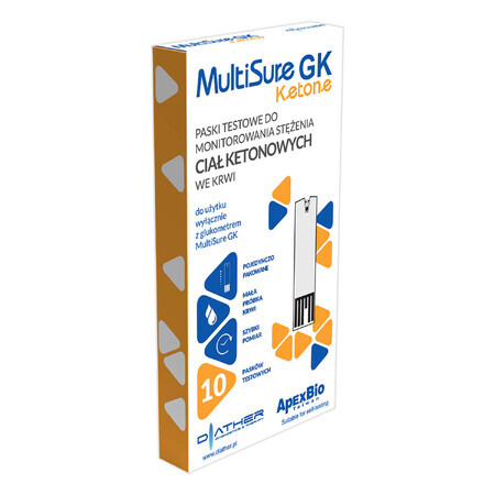 MultiSure GK Ketone, tiras reactivas para controlar la concentración de cuerpos cetónicos en sangre, 10 unidades