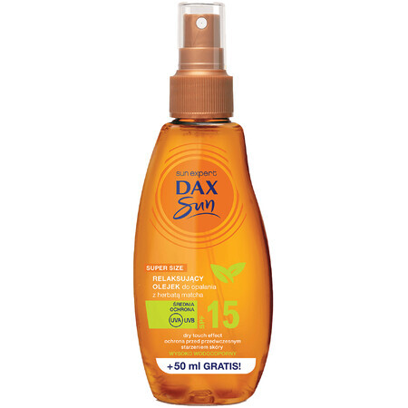 DAX Sun, aceite relajante para tomar el sol con té matcha, SPF 15, 200 ml