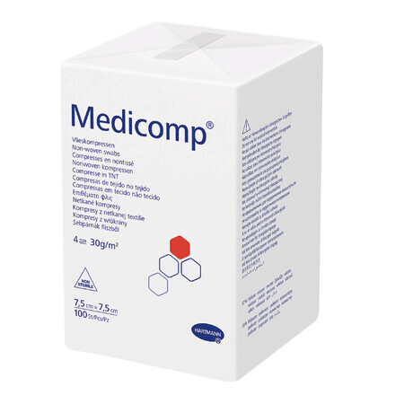 Medicomp, compresas no tejidas, no estériles, 4 capas, 30 g/m2, 7,5 cm x 7,5 cm, 100 unidades