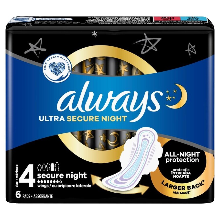 Always Ultra Secure Night, assorbenti igienici con ali, misura 4, 6 pz.