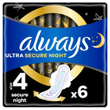 Always Ultra Secure Night, toallas sanitarias con alas, talla 4, 6 piezas