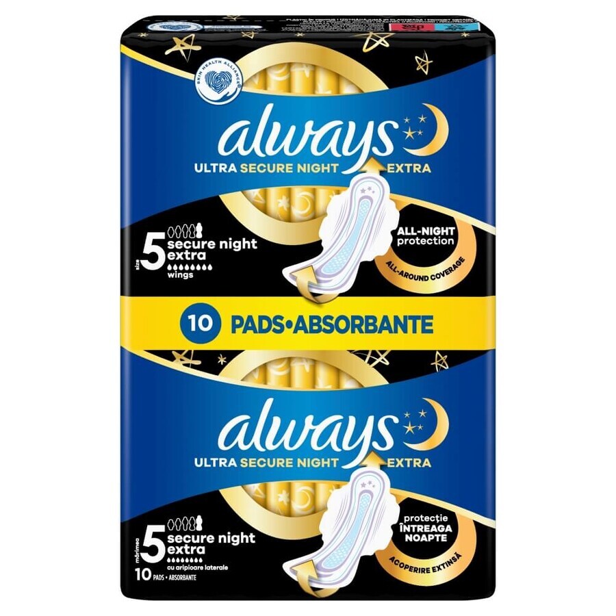 Always Ultra Secure Night, toallas sanitarias con alas, talla 5, Extra, 10 unidades