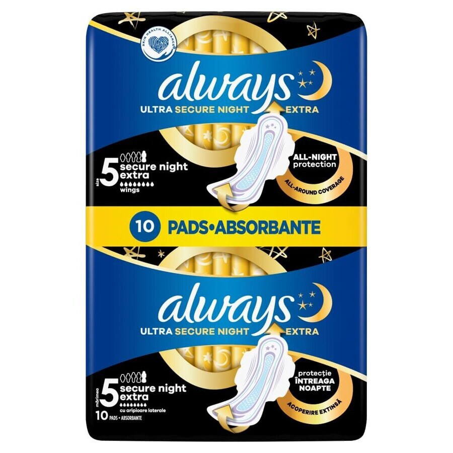 Always Ultra Secure Night, toallas sanitarias con alas, talla 5, Extra, 10 unidades