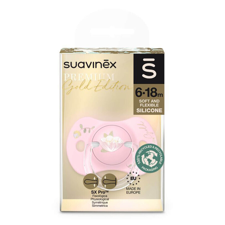 Suavinex SX Pro Gold Edition, pacifier, silicone, physiological, pink, 6-18 months, 1 pc