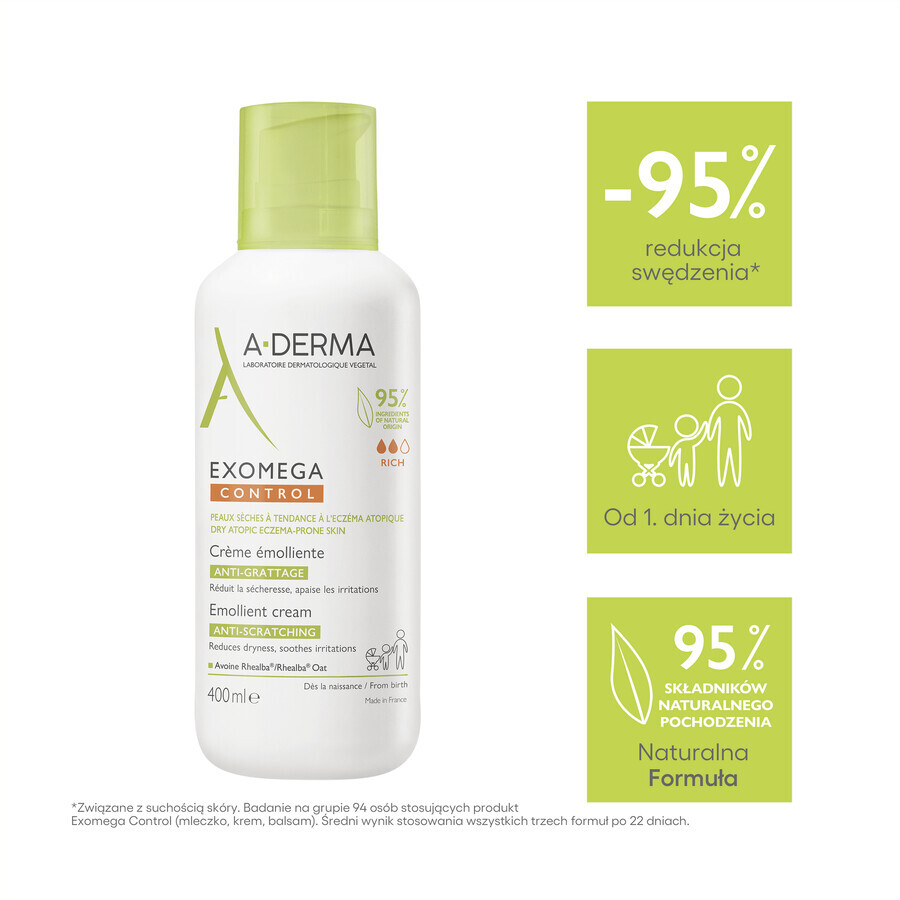 A-Derma Exomega Control, emollient cream, dry and atopic prone skin, from day 1, 400 ml