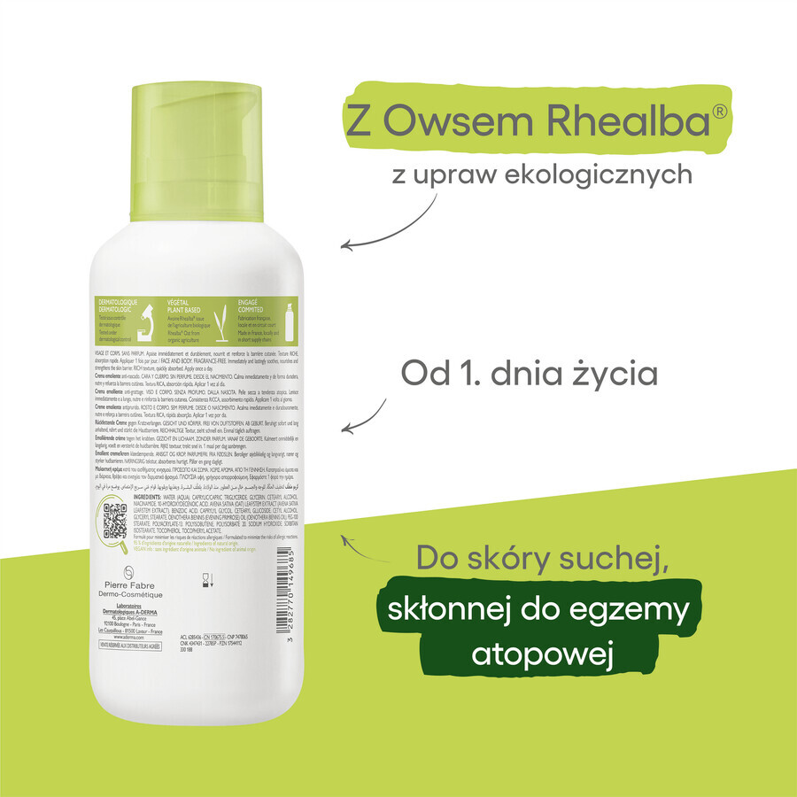 A-Derma Exomega Control, emollient cream, dry and atopic prone skin, from day 1, 400 ml