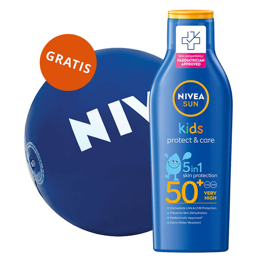 Nivea Sun Kids Protect &amp; Care, loción protectora solar para niños 5en1, SPF 50+, 200 ml + pelota de playa de regalo, 1 unidad