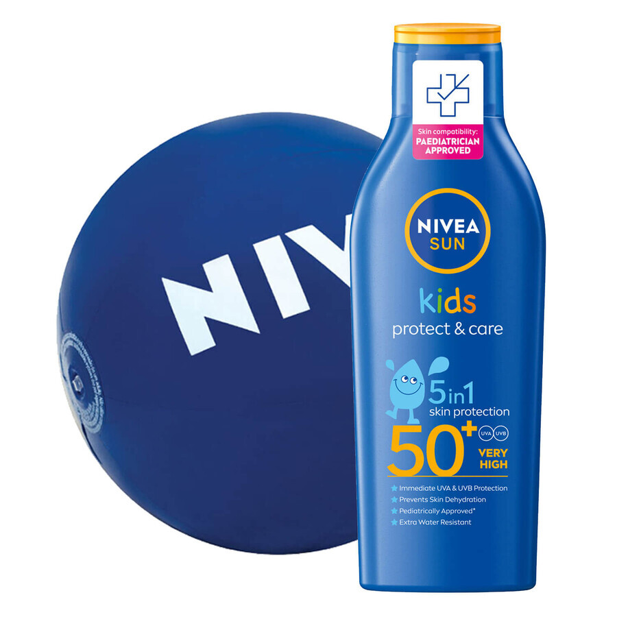 Nivea Sun Kids Protect &amp; Care, loción protectora solar para niños 5en1, SPF 50+, 200 ml + pelota de playa de regalo, 1 unidad