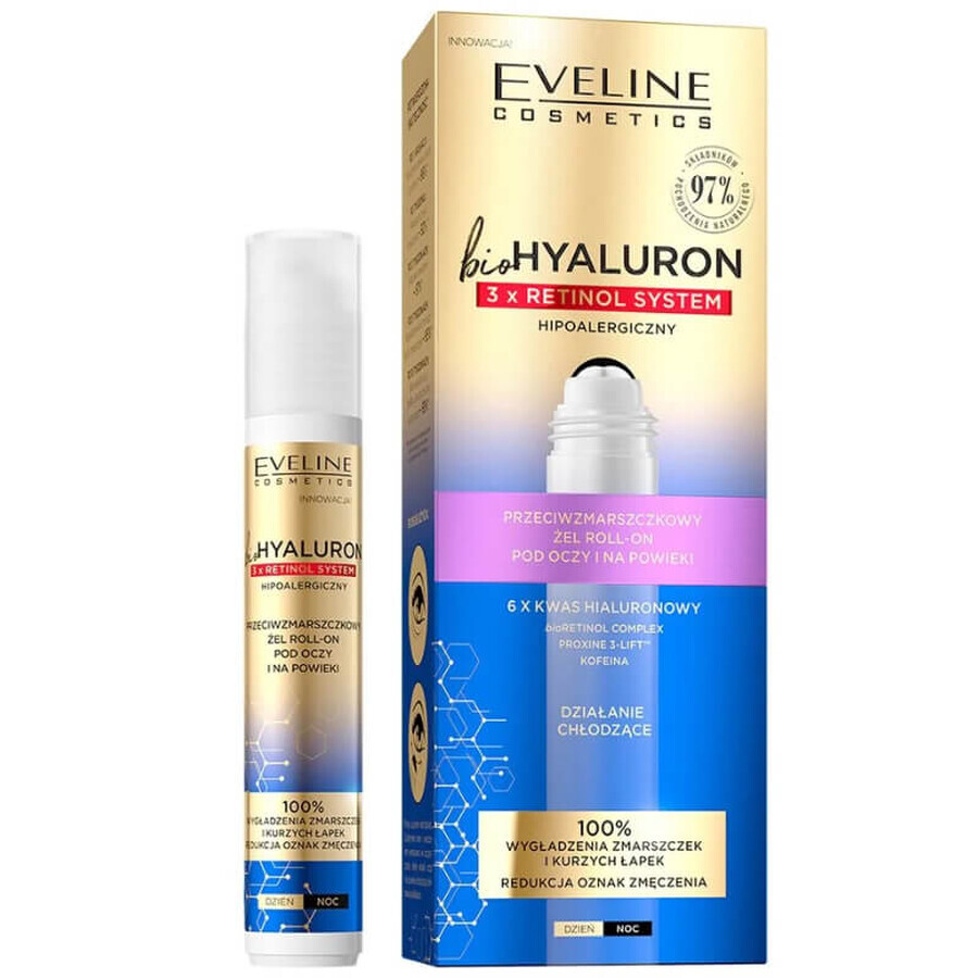 Eveline Cosmetics Bio Hyaluron 3 x Retinolo, gel roll-on antirughe per occhi e palpebre, 15 ml