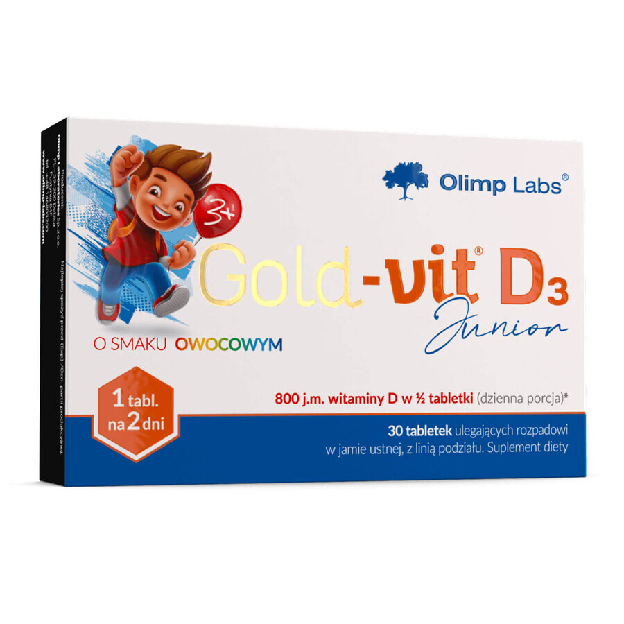 Olimp Gold-Vit D3 Junior, vitamina D 800 UI, sabor a fruta, 30 comprimidos