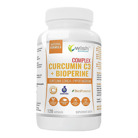 Wish Curcumin C3 + Bioperine Complex, curcumin and piperine, 120 capsules