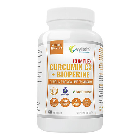 Wish Curcumin C3 + Bioperine Complex, curcumina y piperina, 60 cápsulas