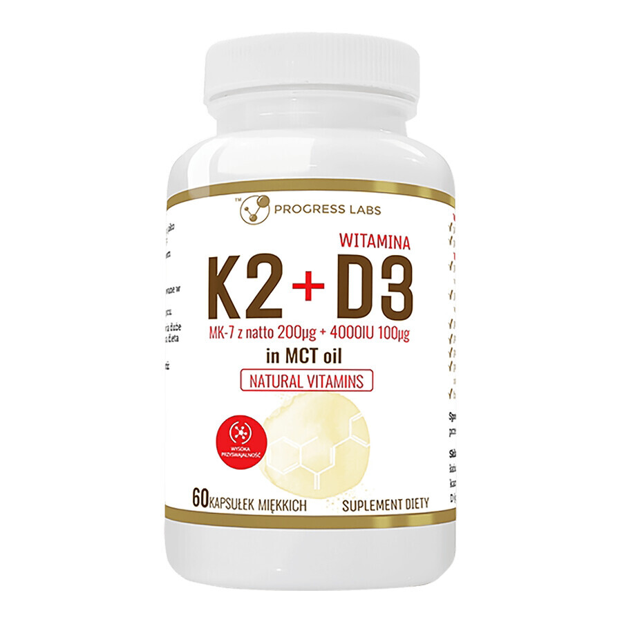 Progress Labs Vitamin K2 MK-7 aus Natto 200 μg + D3 4000 IU 100 μg in MCT Öl, 60 Weichkapseln