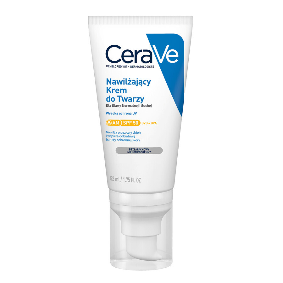 CeraVe, feuchtigkeitsspendende Gesichtscreme mit Ceramiden, normale und trockene Haut, SPF 50, 52 ml