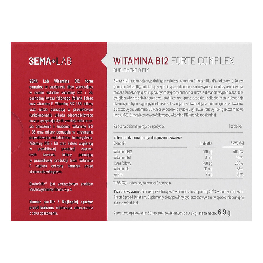 SEMA Lab Vitamin B12 Forte Complex, 30 film-coated tablets