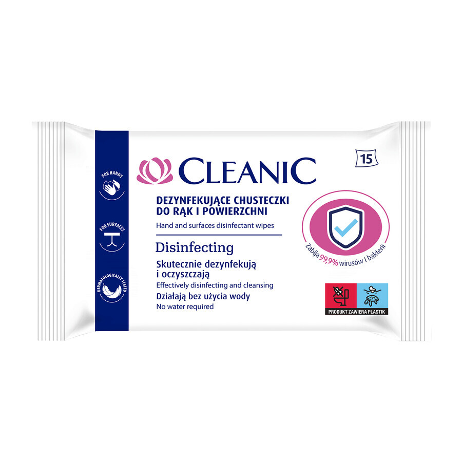 Cleanic, toallitas desinfectantes para manos y superficies, 15 unidades