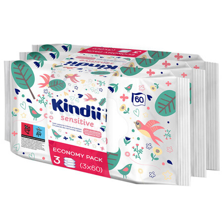 Kindii Sensitive, toallitas húmedas para bebés y niños, 3 x 60 piezas