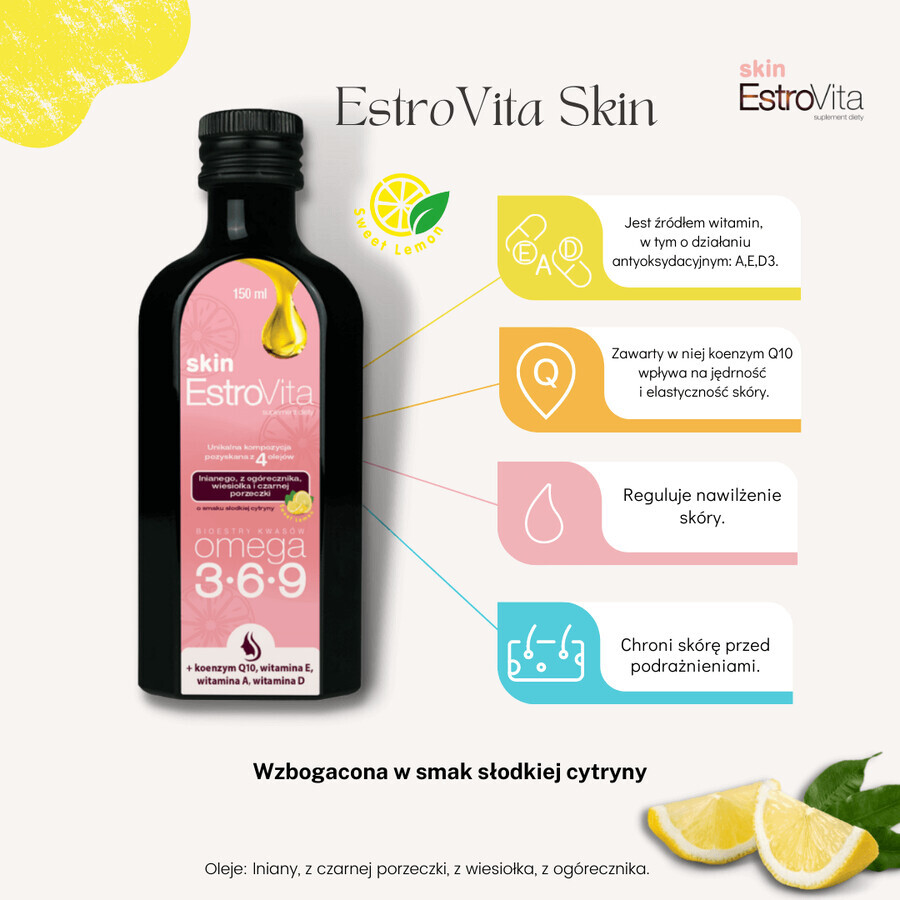 EstroVita Skin, ésteres de ácido Omega 3-6-9, sabor a limón dulce, 150 ml