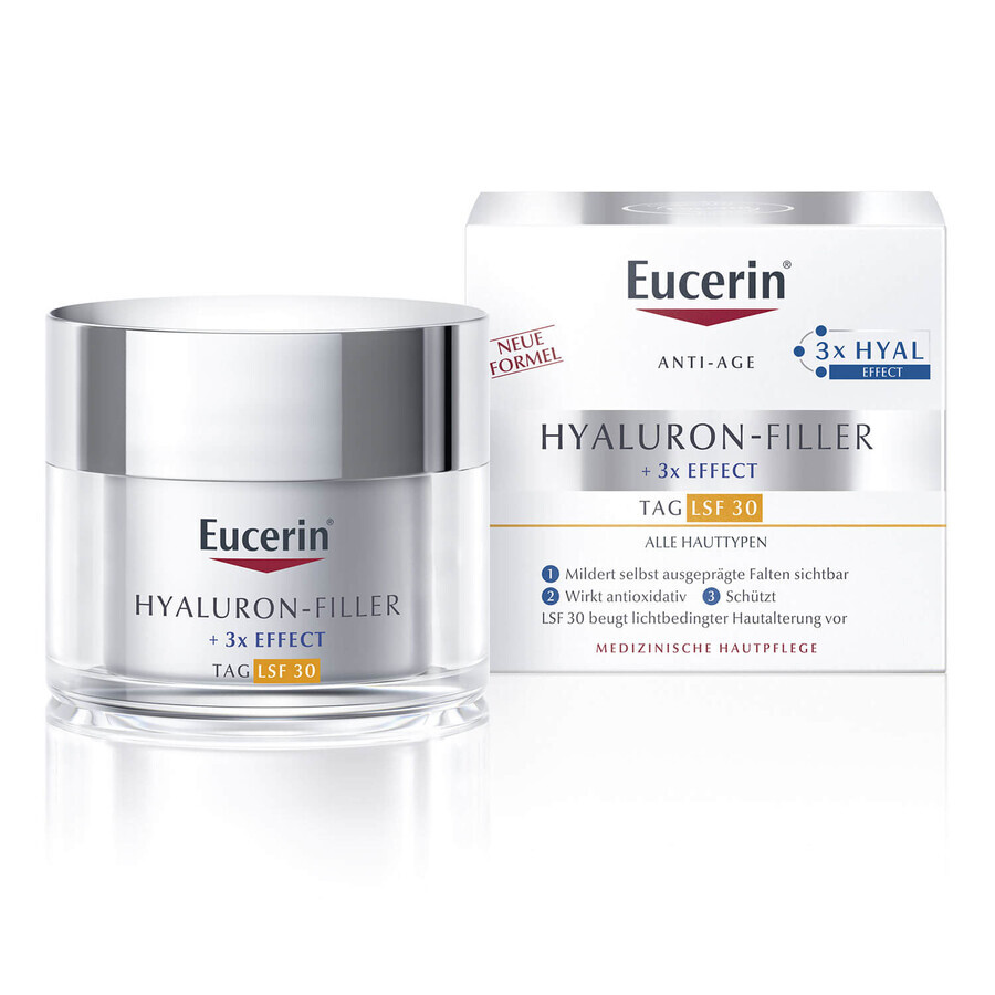 Eucerin Hyaluron-Filler, crema facial de día antiarrugas con ácido hialurónico, todo tipo de pieles, SPF 30, 50 ml