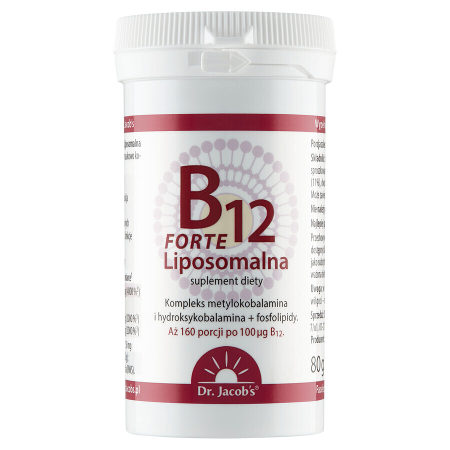 Dr. Jacob&#39;s B12 Liposomal Forte, polvo sublingual, sabor a grosella y mango, 80 g