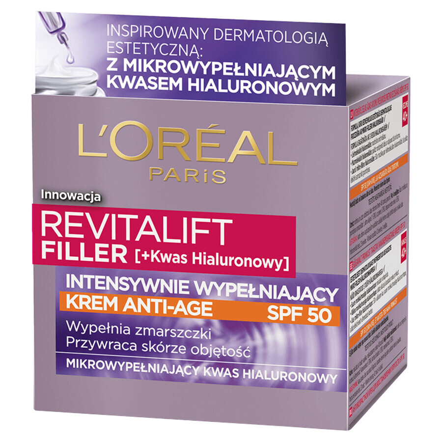 L&#39;Oreal Revitalift Filler, crema facial antiedad de relleno intensivo, SPF 50, para el día, 50 ml