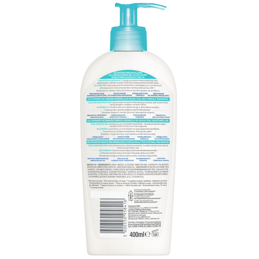 Mixa Hyaluronic Hydrate, bálsamo corporal, piel normal y seca, 400 ml