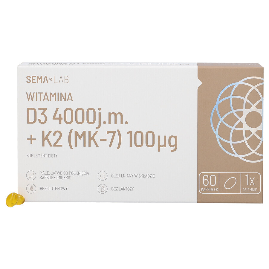 SEMA Lab Vitamin D3 4000 IU + K2 (MK-7) 100 µg, 60 soft capsules