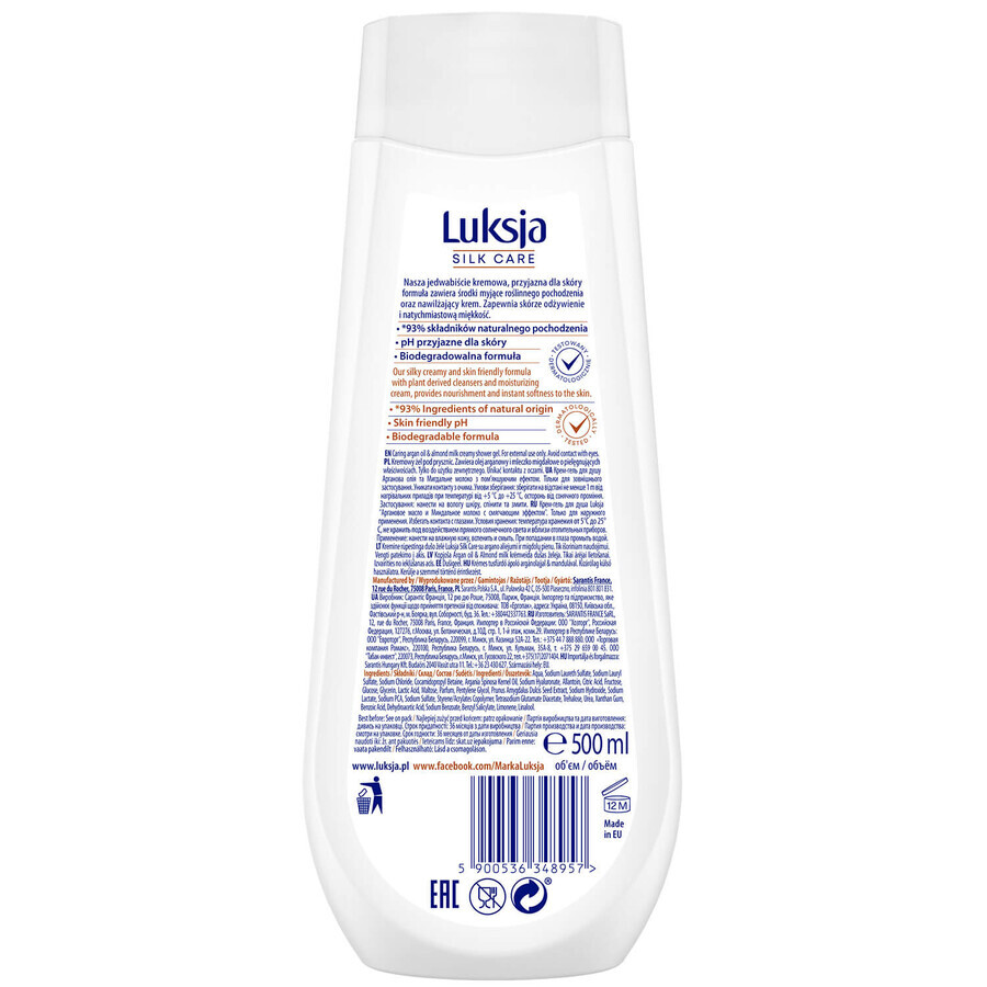 Luxja Silk Care, creamy shower gel, care, argan oil and almond milk, 500 ml