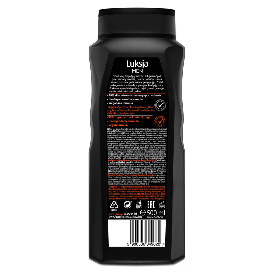 Luksja Men Sport, gel de ducha estimulante 3 en 1, complejo mineral, 500 ml