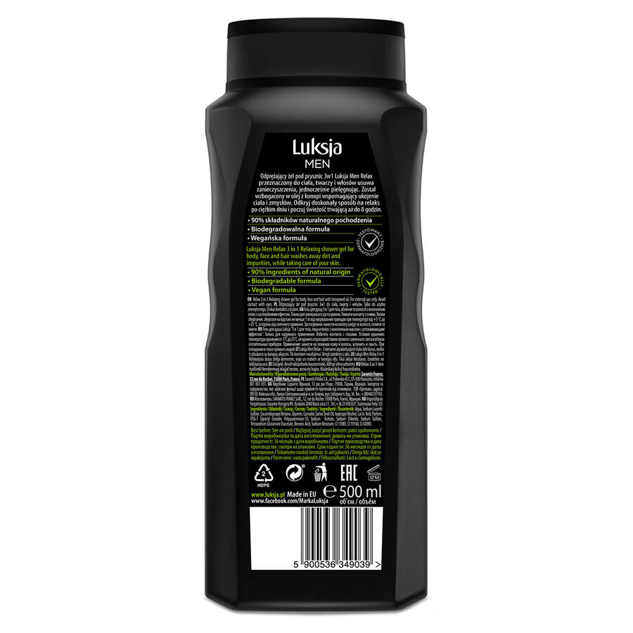 Luksja Men Relax, gel de ducha relajante 3 en 1, aceite de cáñamo, 500 ml